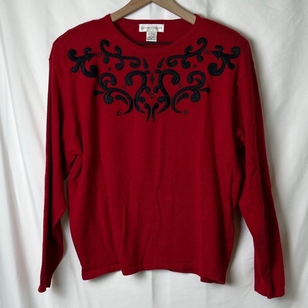Casual Corner Womens Vintage Embroidered Sweater Red Black Size XL Shoulder Pads